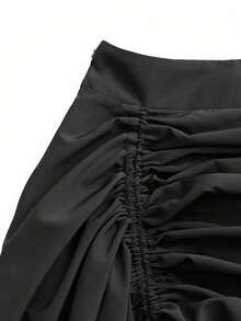 高腰荷叶边半身裙，时尚前短后长A字抽绳半身裙，春夏款，大码女装 - 黑色 - 查看 3