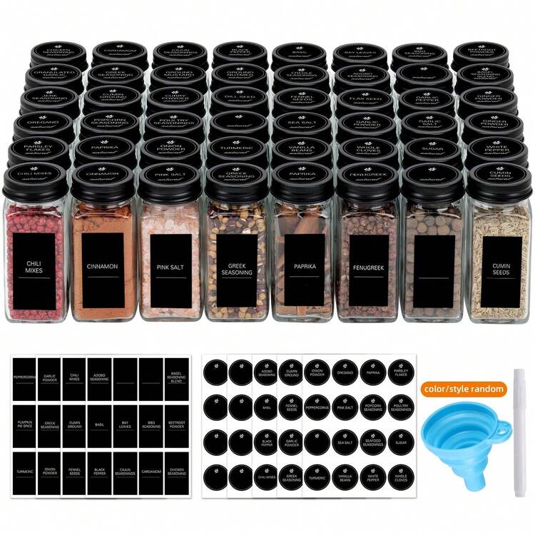 12pcs/24pcs Glass Spice Jars With Airtight Lids And Labels, 4oz Empty Square Containers Seasoning Storage Bottles With Label, Kitchen Gadgets, Cheapest Items, Kitchen, Christmas Gift - 黑色 - 查看 8