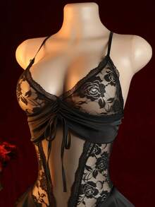 性感蕾丝连体衣，露背露裆设计，性感黑色内衣，抽绳设计，成人贴身衣物 | 蕾丝边饰 | 可调节肩带，内衣配饰 - 黑色 - 查看 6