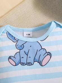 2件套新生儿可爱动物数码印花长袖连体衣+帽子，婴儿连体衣，可爱休闲舒适，适合所有季节 - 藍白色 - 查看 3