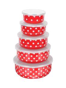 5件套彩色搪瓷密封保鲜盒，容量分别为10/12/14/16/18克，适用于水果蔬菜的食品储存碗，圆形盖子，可重复使用，时尚搪瓷汤/沙拉碗，适合学校、露营、野餐、办公室等场合。