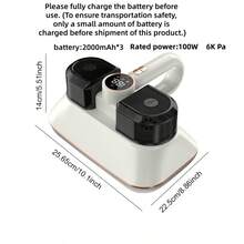 1pc Portable Handheld Dust Mite Remover, Home Dust Mite Vacuum Cleaner For Sofa, Bed, Small Household Appliance, Keyboard, Carpet Cleaning, 2000mAh*3/100W/70dB (Please Charge It Fully Before Use)