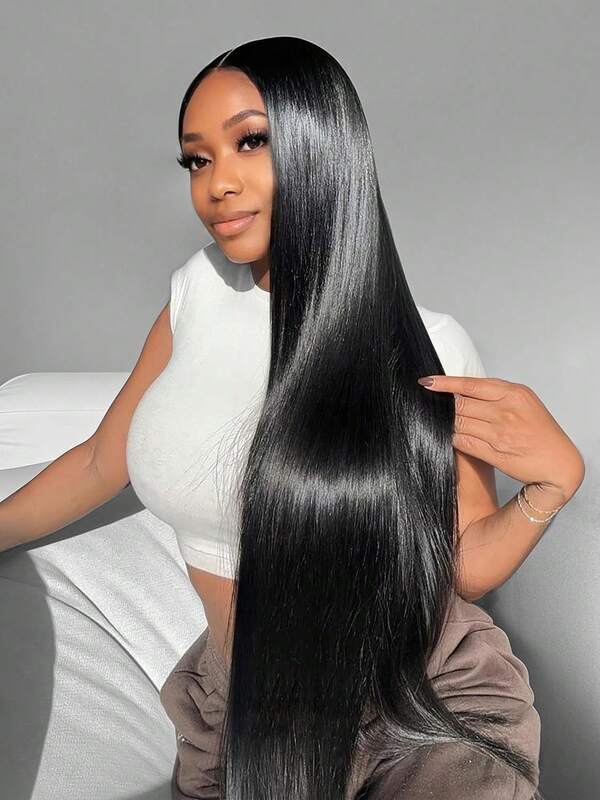 Parrucca dritta sintetica lunga 32 pollici, con parte centrale in pizzo 4x1, senza colla, resistente al calore, per donne, aspetto naturale, adatta per feste e uso quotidiano