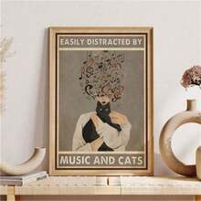 1 pezzo cartellone di gatto nero facilmente distratto dalla musica e dai gatti, regalo per amanti dei gatti, opera d'arte da parete per gatti, cartellone musicale, stampa musicale, regalo musicale, pittura su tela di cartellone vintage per decorazione della stanza e della casa, senza cornice - Multicolore - Visualizzare 1