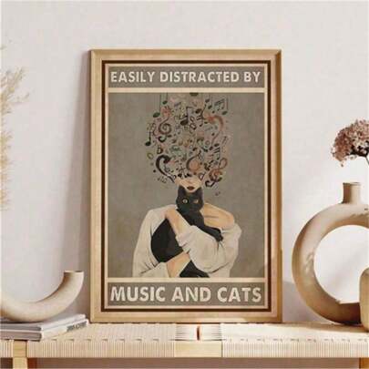 1pc Black Cat Easily Distracted By Music And Cats Poster, Cat Lover Gift, Cat Wall Art, Music Poster, Music Print, Music Gift, Vintage Posters Canvas Painting Wall Arts Room Home Decoration Unframed