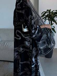 Hafizah 2pcs Floral Print Chain Decor Abaya Set, Middle Eastern Dubai Cardigan With Headscarf Spring Black - Black - View 5