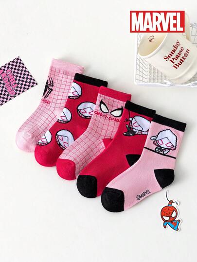  5 par Marvel Superhjältesockor för barn, Spider-Man & Gwen Stacy tecknade strumpor till vaden, koreansk stil, lämplig för höst/vinter, pojkar och flickor