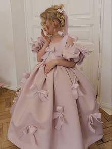Young Girl's Pink Patchwork Bow Puff Sleeve Dress, Elegant Party Gown, Princess Dress Suitable For Girls' Birthday Party, Flower Girl Wedding, Bridesmaid, Prom, Luxury Evening Dress, Easter, Graduation - Pink - View 5
