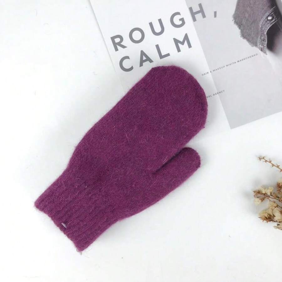 Simple Rabbit Hair Blend Knitted Mittens, Thickened Double-Layered For Winter, Warm And Protective For Cycling. - 紫色 - 查看 1