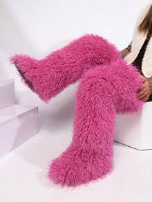 2025秋冬新款时尚大码仿羊羔毛雪地靴，保暖纯色加长雪地靴