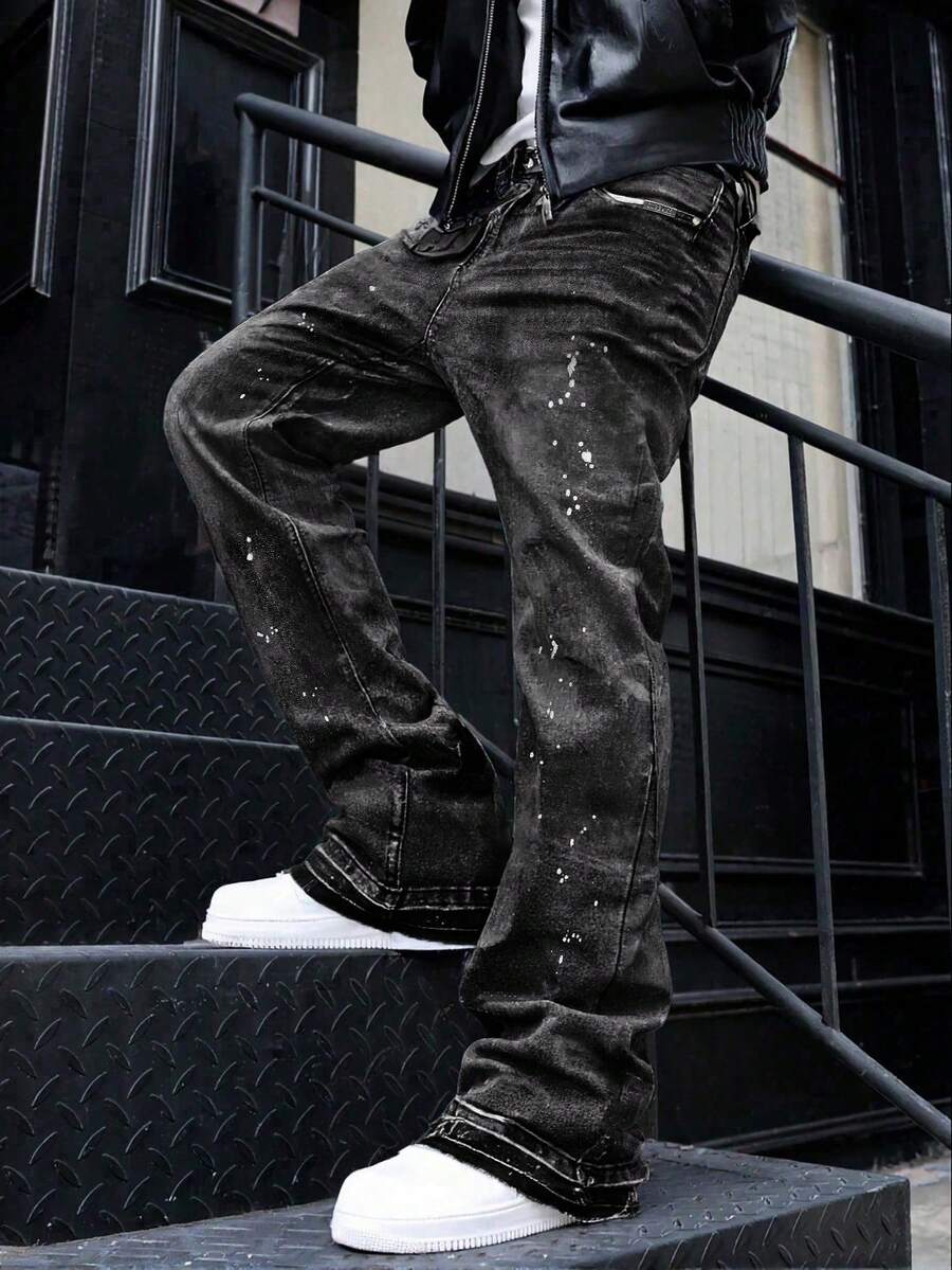 修身弹力牛仔裤，做旧水洗棉质牛仔裤，百搭时尚；斜插口袋水洗牛仔裤，轻便商务休闲款，百搭；直筒休闲牛仔裤，纽扣拉链设计，适合所有季节 - 黑色 - 查看 1