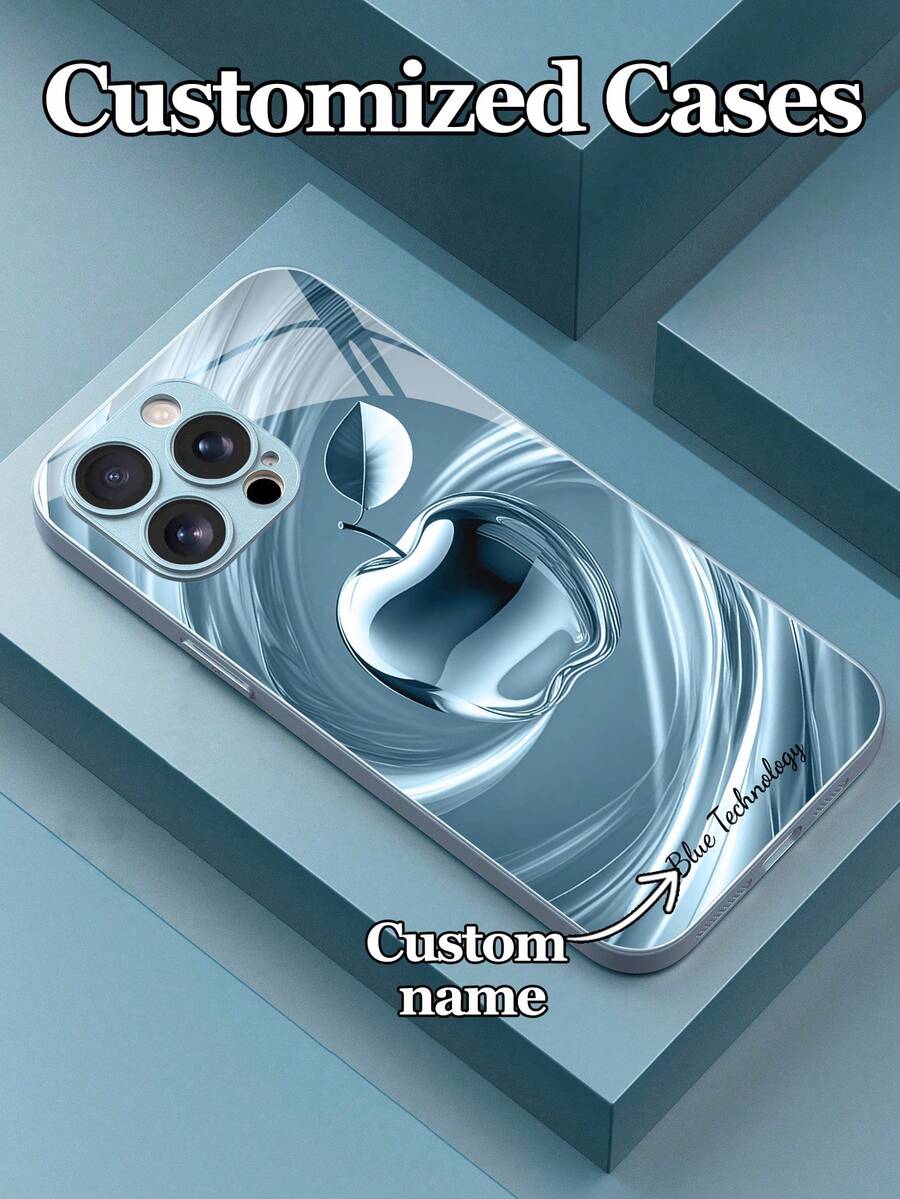 1 pieza Funda de teléfono de vidrio templado con diseño de manzana inspirado en la tecnología azul y texto personalizado, compatible con iPhone 17 Pro Max/17 Air/16/15/13/12/11/XS Max/6 7 8 Plus, S25 Ultra/S24 FE/S23 Plus/S22 Pro/S20/S21 FE, funda protectora personalizada de alta gama con impresión de moda HD, regalo de vacaciones, regalo de cumpleaños, para parejas, mascotas, amigos, compañeros de clase, mejores amigos, hermanos, familia, cosas de chicas, funda personalizada con nombre - Azul - Ver 1