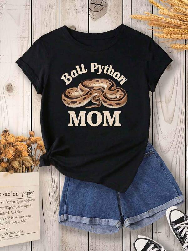 Camiseta gráfica MOM para pitón de bola, estilo casual para mujer, cuello redondo, manga corta, negro con estampado dorado, ideal para primavera y verano, ropa casual| Camiseta gráfica audaz| Tela brillante