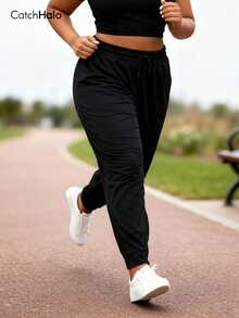 大码女式宽松抽绳腰带口袋运动裤，纯黑色，休闲运动风（2025秋冬瑜伽健身紧身裤） - 黑色 - 查看 9