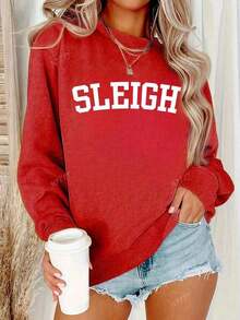 SLEIGH GIRL Christmas Women Oversized Crew Neck Long Sleeve Casual Sweatshirt-Fall/Winter Casual Vintage Style Unisex Relaxed Fit Long-Sleeve Crewneck Sweatshirt - 紅色 - 查看 1