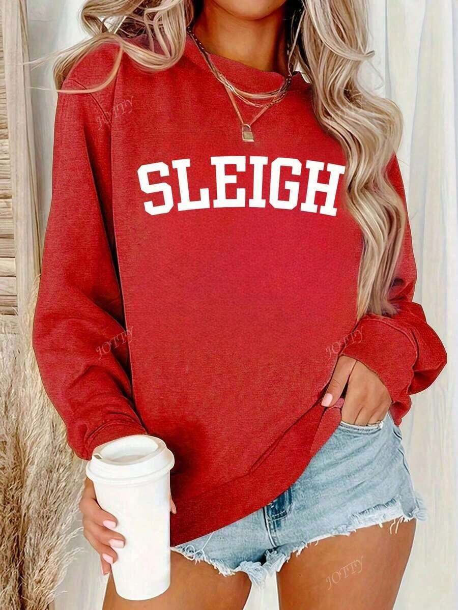 SLEIGH GIRL Christmas Women Oversized Crew Neck Long Sleeve Casual Sweatshirt-Fall/Winter Casual Vintage Style Unisex Relaxed Fit Long-Sleeve Crewneck Sweatshirt - 紅色 - 查看 1