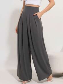 Wide-Leg, Loose-Fitting Palazzo Pants In Viscose/Lycra Knit Fabric With A Wide Waistband And High Waist And Pleats. - Dark Grey - View 4
