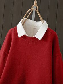 Plus Size Colorblock Casual Pullover Sweater, Autumn/Winter Spring - Red - View 3
