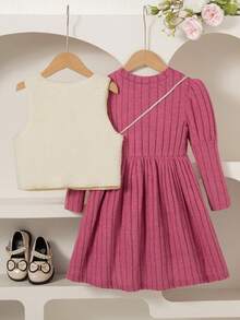 两件套女童休闲套装 - 无袖蝴蝶结装饰上衣和长袖及膝连衣裙，春、秋、冬季时尚套装 - 玫紅色 - 查看 2