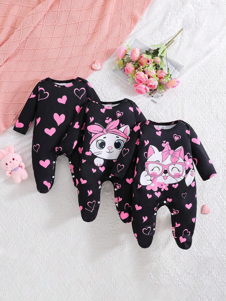 Conjunto de 3 piezas de mono para bebé recién nacido niña con estampado de cabeza de gato y corazón - Negro - Ver 1