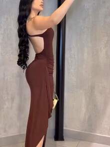 One-Shoulder Wedding Dress With A Leg Slit, Side Neckline, Elegant Smooth Suplex Fabric, Sophisticated Party Dress, Fashion Blogger Style, 2025 , Open Back, Push-Up Neckline, Chic, Basic, Everyday, Summer Fashion. - 鏽棕色 - 查看 3