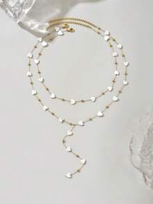 2pcs Stainless Steel Heart Shaped Beaded Necklace, Gold Plating Y-Shaped Chain Necklace, Cute Style Suitable For Dating Or Valentine's Day Gift For Your Loved One, Sexy Collarbone Chain Accessory - Gold - View 6