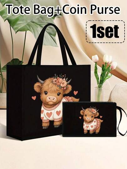 Uroczy zestaw torebek z czarnego lnu z nadrukiem szkockiej krowy, uroczy sweter z motywem szkockiej krowy, duża torba lniana dla kobiet, personalizowana torba na prezent, torba do pracy i kosmetyczka z zamkiem błyskawicznym, odpowiednia na wesela, urodziny, plaże, święta. Idealny prezent dla kobiet, matek, nauczycielek, przyjaciółek, druhen, dużych toreb, studentek i na powrót do szkoły. Odpowiedni dla entuzjastek natury i kobiet.