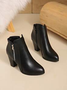 女士冬季真皮高跟踝靴，西部风格侧拉链，假日木纹粗跟，优雅棕/黑色靴子