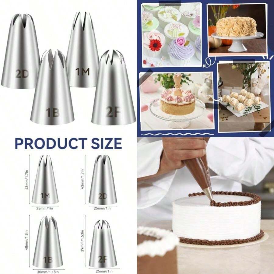 3 puntas 2D para pastelería, suministros de decoración de pasteles, puntas de tubería, boquillas de tubería, herramientas de horneado para crema de mantequilla, glaseado, pastel de cumpleaños,(1M + 2D + 2F + 1B) - Tipo 1 - Ver 1