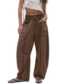 Women's Casual Cylinder Pants Wide Leg Casual Drawstring Sweatpants With Pockets - 咖啡棕 - 查看 1
