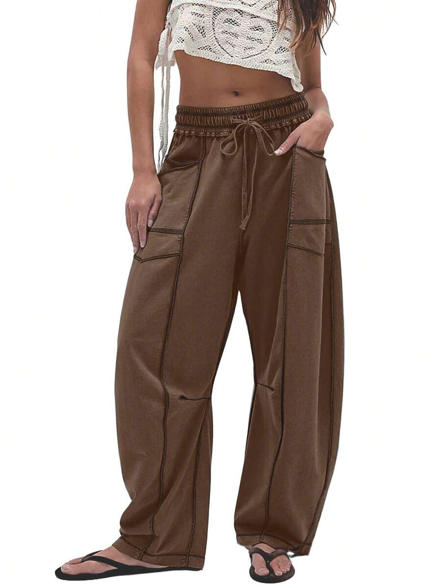 Women's Casual Cylinder Pants Wide Leg Casual Drawstring Sweatpants With Pockets - 咖啡棕 - 查看 1