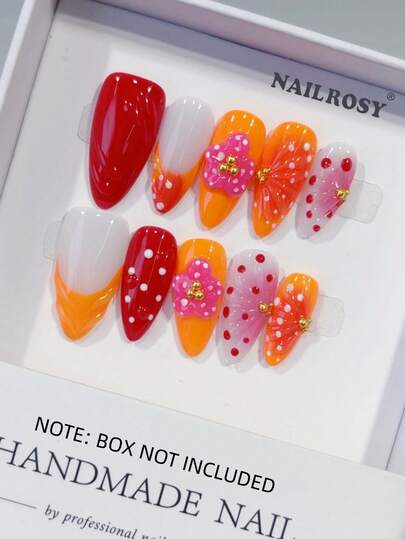 nailrosy 10 Unhas Postiças Acrílicas Artesanais com Bolinhas Vermelhas e Laranjas, Formato Amêndoa, Brancas e Transparentes, Curtas, com Efeito Floral 3D, Ferramentas para Unhas Postiças para Casamento, Aniversário e Festa Y2K, Estilo Francês Fofo, Unhas em Gel para Escultura de Flores