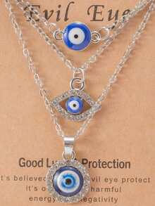 3pcs Asymmetrical Devil's Eye & Fatima's Hand Necklace Set - Silver - View 2