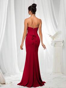 VIPGIRL Pleated Bandeau Backless Tie-Up Slit Maxi Elegant Evening Gown - Red - View 2