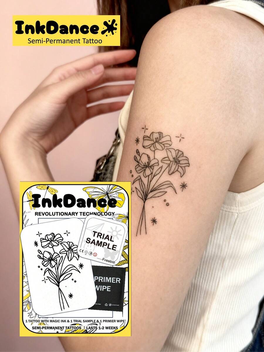 1 Set "Minimalist Floral" Revolutionary Technology Tattoo Stickers, Semi-Permanent Tattoo, Temporary Tattoo, Long-Lasting, Waterproof, Realistic Tattoo Effect, Plant-Based Formula, Product Number X069 - Black - View 1