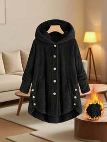 Cálido y acogedor cardigan con capucha y botones, chaqueta larga y holgada de uso casual para el invierno. Tela súper cálida y cómoda, ideal para el ocio y el uso navideño