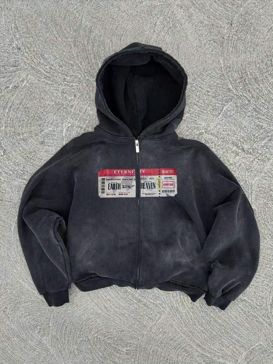 Men's Washed Drop Shoulder Zip-Up Casual Hoodie, Autumn - Black - View 1