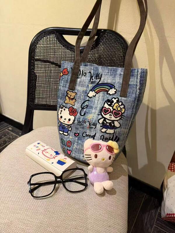 Bolso de cubo estilo retro 2025 de Hello Kitty de Sanrio para mujer, bolso de hombro de gran capacidad con ilustración de dibujos animados linda, bolso hobo vintage espacioso, regalo de moda Kawaii