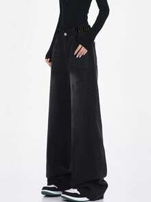 Teen Girl Vintage American Style Ripped Washed Loose Fit Straight Leg Jeans, Casual Trousers, Slim Flattering, Versatile For Spring & Autumn - Black - View 5