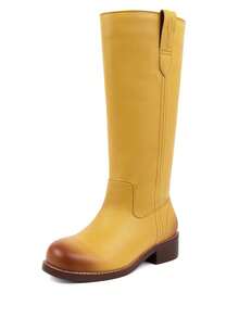 Women's Campus Knee High Boots Square Toe Riding Boots Vintage Pull On Riding Boots Wide Calf Boots Chunky Block Low Heel Motorcycle Boots - Yellow - View 3