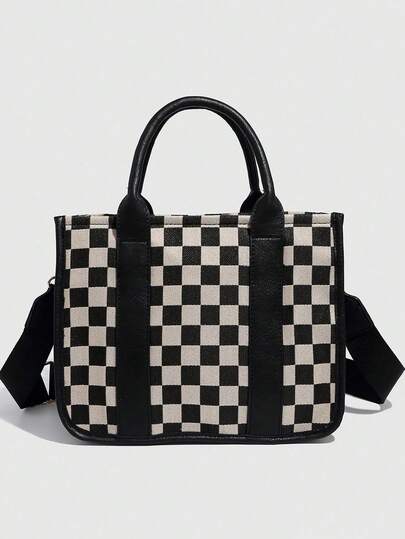 حقيبة تسوق ذات تصميم شطرنجي أبيض وأسود عصري، حقيبة يد وكتف واسعة السعة للنساء، بتصميم بسيط ومتعدد الاستخدامات للتنقل