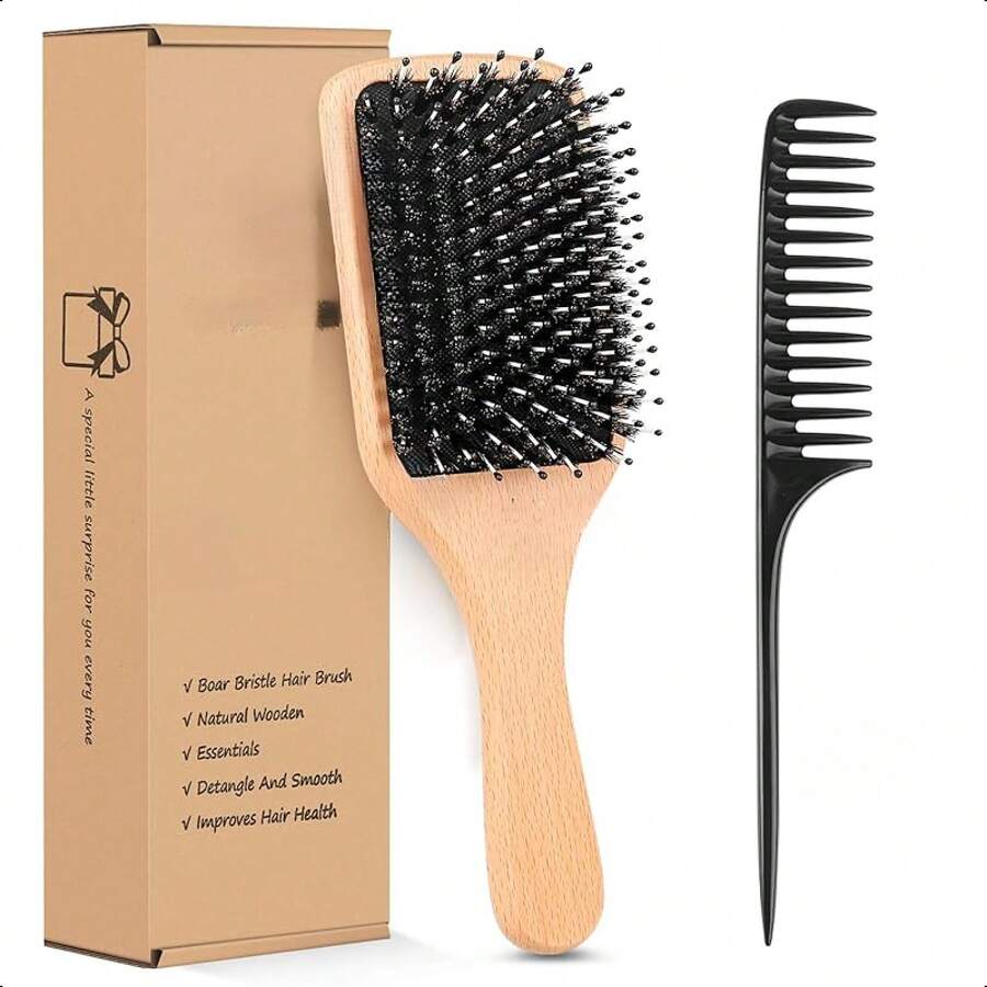 Hair Brush Boar Bristle Hairbrush For Thick Curly Thin Long Short Wet Or Dry Hair Adds Shine And Makes Hair Smooth, Best Paddle Hair Brush For Men Women - Gỗ tự nhiên - Xem 1