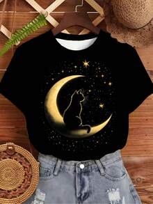 Camiseta azul marino para mujeres - Camiseta gráfica de gato negro lindo en luna creciente y cielo estrellado - Top casual de poliéster suave para Halloween, fiestas temáticas y atuendos diarios - Camiseta no transparente lavable a máquina, camisetas de Halloween, moda urbana, diseño caprichoso, material duradero, camiseta de manga corta, entusiastas de la moda, moda urbana, camiseta ligera, asistentes a fiestas - Negro - Ver 6