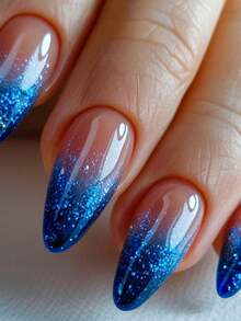 24 piezas/set Uñas postizas largas de almendra con diseño degradado de brillo azul, incluye 1 pieza de pegamento de gelatina y 1 pieza de lima de uñas. Las uñas de brillo azul y las uñas con puntas francesas harán que tus dedos brillen y se vean hermosos, muy adecuadas para fiestas, baile y uso diario