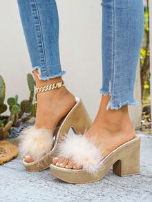 Women's Spring/Summer Sandals, Fluffy Feather Decor, Fashionable Open Toe Platform Design, Sturdy Molded Sole, Suitable For Outdoor Casual Vacation High Heel Sandals - Baby Pink - View 2