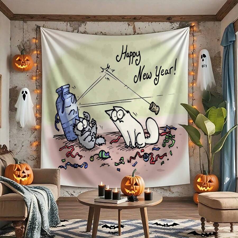 2026-Personalized Tapestry Wall Hanging-Simon'S Cat Funny New Year'S Eve Tapestry - Soft Peach Light Fabric With Happy New Year Message, Wrinkle-Resistant & Easy To Hang, Perfect For Living Room - 40*60英寸 - 查看 1
