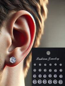 24pcs Men's Large And Small Earrings Set - Silver - View 2