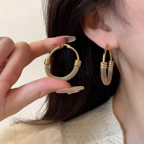Stainless Steel Woven Hoop Earrings, Elegant Chinese Style
