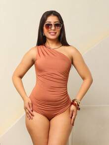 One-Shoulder Bodysuit With Side Draping - Lạc đà - Xem 1