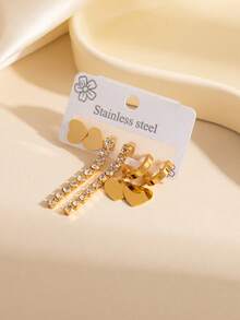 Set de 3 pares de pendientes de acero inoxidable con flecos y circonita cúbica dorada, pendientes de mujer con diseño de flor y corazón brillantes, adecuados para uso diario, banquetes, bodas y fiestas